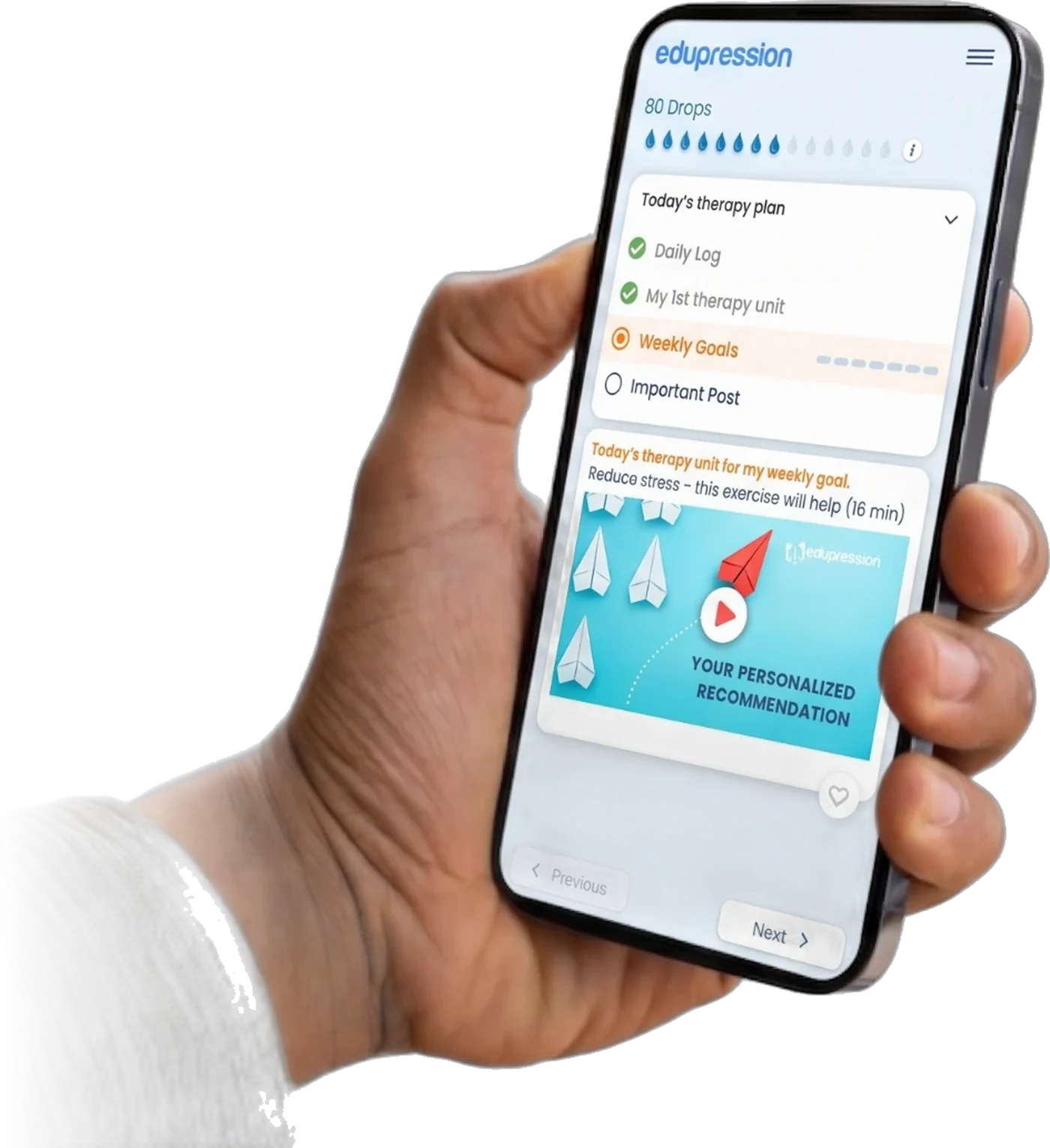 A hand holding a phone with Edupression open on today's therapy plan