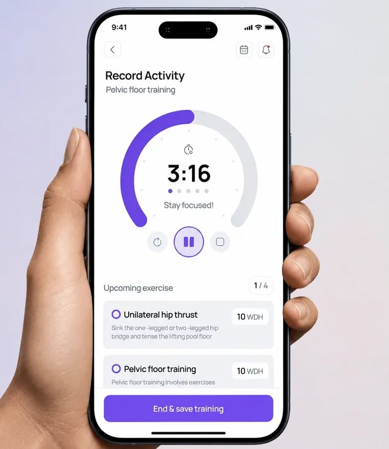 A hand holding a phone with the MS Buddy app