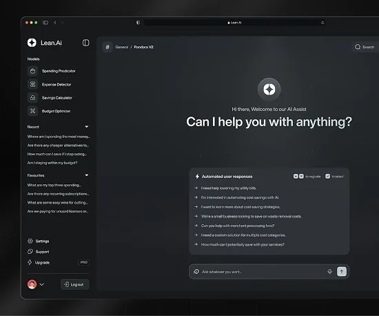 AI assistant web app interface in dark mode