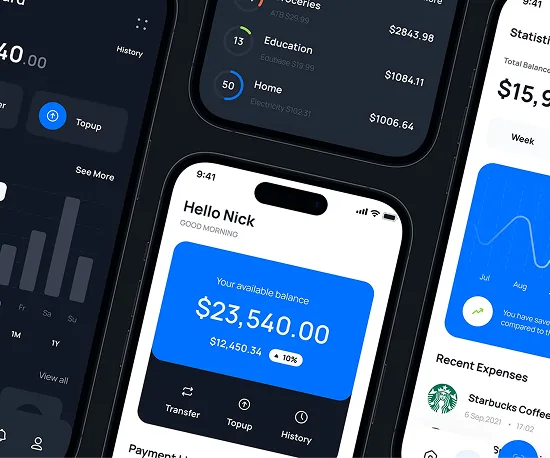 Personal finance mobile app with balance and spending screens