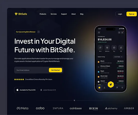 BitSafe crypto investing landing page with mobile app preview