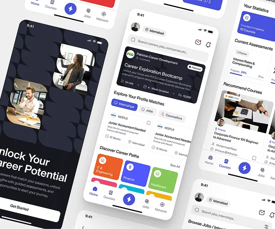 Career development mobile app screens
