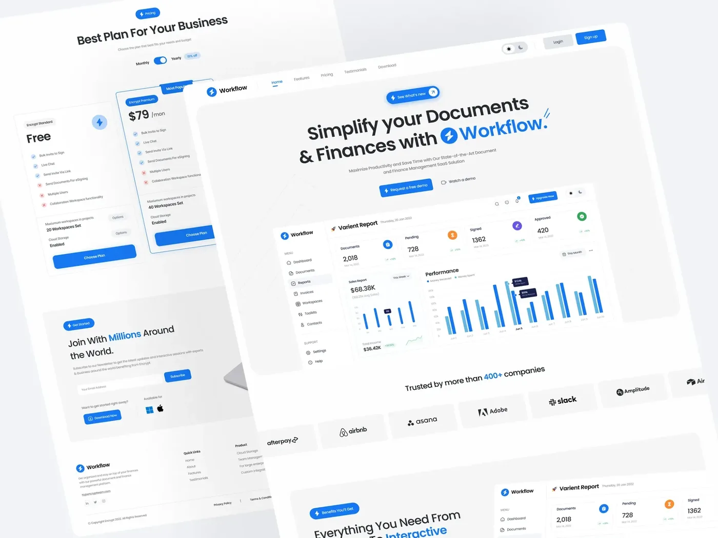 Workflow SaaS website with a document and finance dashboard, pricing plans and client logos